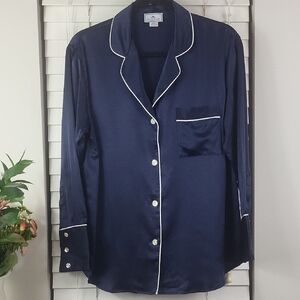 Petite Plume 100% silk Elegant Navy Satin Pajama Top with White Trim. Size M